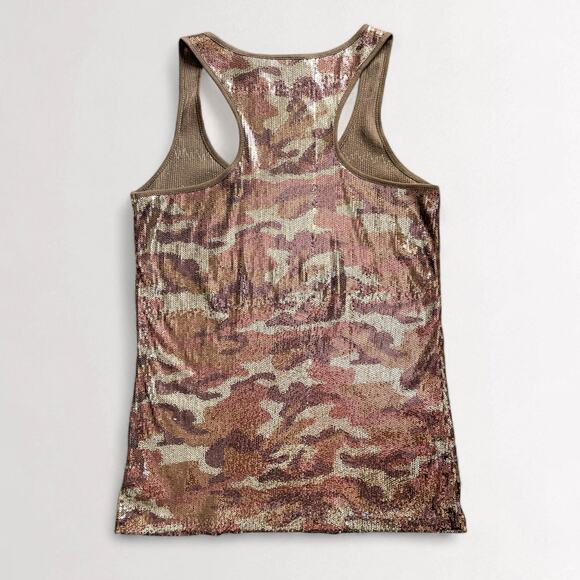 Y2K Camo Sequin DKNY Tank Top Sz S Metallic Brown Festival Disco Grunge Retro - Picture 7 of 10